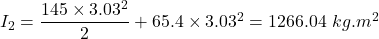 I_2= \dfrac{145\times 3.03^2}{2}+65.4\times 3.03^2=1266.04\ kg.m^2