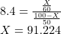 8.4 = \frac{\frac{X}{60}}{\frac{100-X}{50} } \\X = 91.224