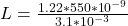  L = \frac{1.22*550*10^-^9}{3.1*10^-^3}