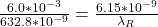 \frac{6.0 *10^{-3}}{ 632.8*10^{-9}}  = \frac{ 6.15 *10^{-9}}{\lambda_R}