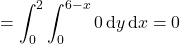 =\displaystyle\int_0^2\int_0^{6-x}0\,\mathrm dy\,\mathrm dx=0
