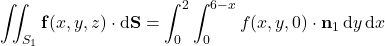 \displaystyle\iint_{S_1}\mathbf f(x,y,z)\cdot\mathrm d\mathbf S=\int_0^2\int_0^{6-x}f(x,y,0)\cdot\mathbf n_1\,\mathrm dy\,\mathrm dx
