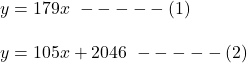 y = 179x\ ----- ( 1 ) \\\\y= 105x + 2046 \ ----- (2)\\\\